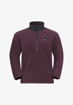 Bordeaux fleece pullover met een hoge kraag en een halvemaan rits. Kenmerken zijn een zwart paneel bij de nek en een klein logo op de borst.
