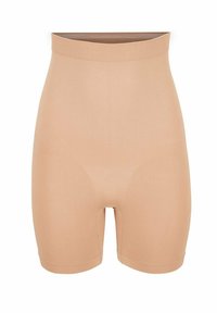 Beige Hochbund-Shorts aus glattem, dehnbarem Stoff. Verfügt über einen breiten, flachen Bund und nahtlose Kanten für hohen Komfort.