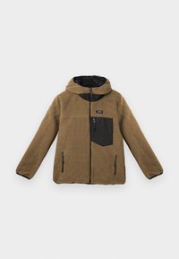Brown fleece jacket with a hood, featuring a black fabric chest pocket, zippered side pockets, and a textured, soft exterior.