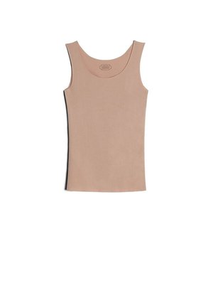 Ærmeløs beige tanktop med rund halsudskæring og tætsiddende silhuet, lagt fladt på en hvid baggrund.