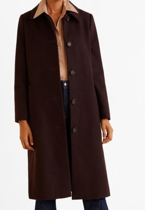 Personne portant un long manteau marron foncé sur une chemise à carreaux marron clair et un jean bleu foncé, debout avec les bras détendus le long du corps.