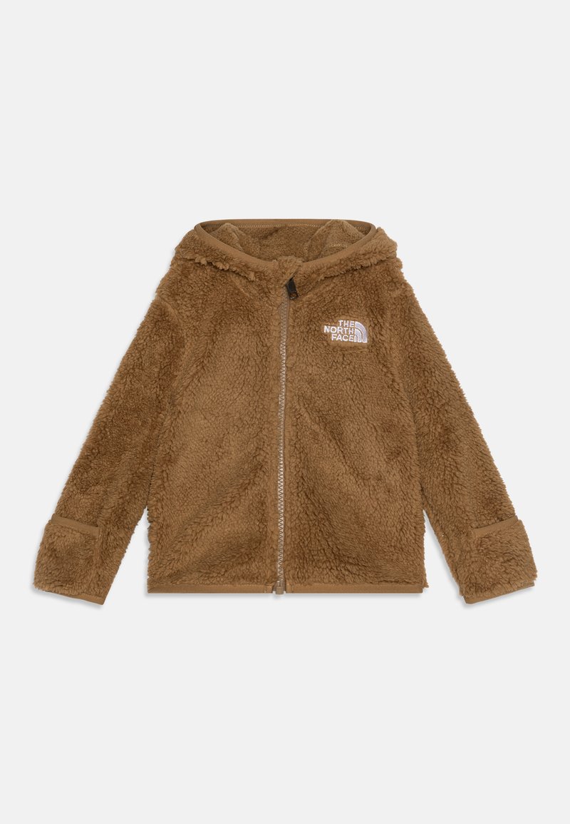 Brown fleece zip-up hoodie with a textured, fluffy surface, featuring a hood and logo on the left chest. Cuffs have a relaxed fit.