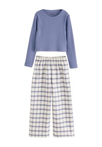 To-delt nattøjssæt med en ribbet, langærmet top i lyseblå og ternede bukser med vide ben i creme og blå. Elastik i taljen på bukserne.