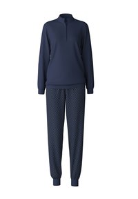 Marineblauwe loungeoutfit bestaande uit een collared, langmouw top met knoopsluiting en patroon, en elastische taillebroek met witte stippen.