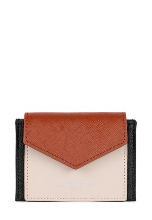 Brown and black wallet with a textured surface, featuring a geometric flap design. It has a smooth cream-colored base and embossed branding.