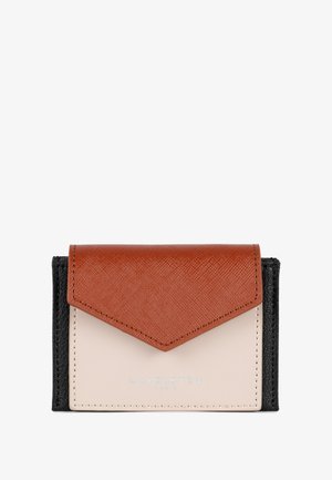 Brown and black wallet with a textured surface, featuring a geometric flap design. It has a smooth cream-colored base and embossed branding.