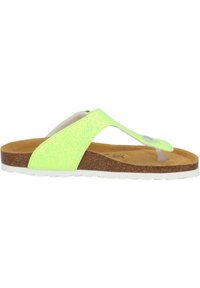Infradito verde glitter con suola in sughero, suola bianca e una fascia trasparente per le dita. Presenta una fascia testurizzata e un rivestimento interno liscio.
