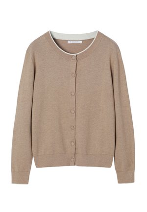 Bež jopica iz mehke pletene tkanine z okrolim izrezom, dolgimi rokavi in zapiranjem na gumbe spredaj.