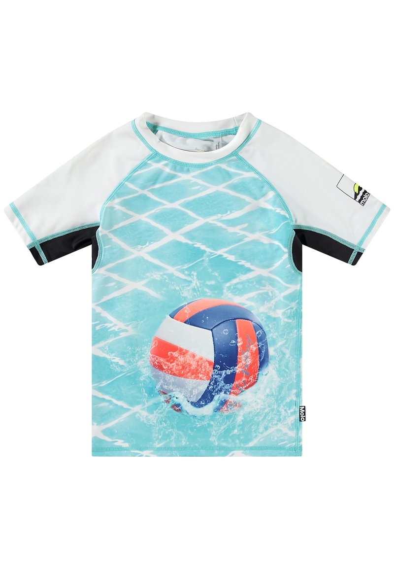 Κοντομάνικο μαγιό μπλουζάκι με κυανό μοτίβο που απεικονίζει μια μπάλα πόλο νερού, κατασκευασμένο από ύφασμα που στεγνώνει γρήγορα. Διακοσμημένο με μαύρα μανίκια.