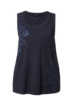 Dunkelnavybluse ohne Ärmel aus weichem Stoff mit einem runden Ausschnitt. Verziert mit blauen Blumenmustern auf der linken Seite, was einen Designakzent setzt.