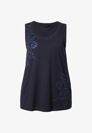Haut sans manches bleu marine foncé en tissu doux avec un col rond. Présente des motifs floraux bleus sur le côté gauche, ajoutant un détail de design.