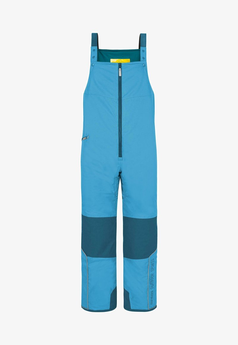 Blaue Outdoor-Latzhose aus strapazierfähigem Material, mit verstellbaren Trägern, einem Reißverschluss vorne und kontrastierenden, dunkler blauen Akzenten an den Beinen.