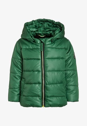 Veste rembourrée verte avec une texture brillante et lisse. Dotée d'une fermeture éclair à l'avant avec un tirette jaune vif et une capuche, conçue pour garder au chaud.