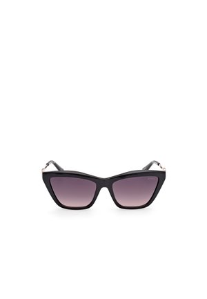 Black cat-eye sunglasses with gradient purple lenses, glossy finish, and metallic accents on the sides. Sharp, angular design.