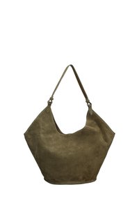 Olijfgroene suède schoudertas met een brede hobo-vorm, een enkele schouderriem en leren accenten. Zachte textuur met een matte afwerking. Verstelbare riemlengte.