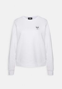 Felpa bianca con girocollo, maniche lunghe, polsini e orlo a coste, con una piccola grafica di un gatto in nero e grigio sul petto.