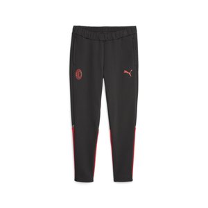Pantalones deportivos negros con una franja roja, cintura elástica, detalles de logotipo en el muslo y la cadera, y dos bolsillos laterales para funcionalidad.
