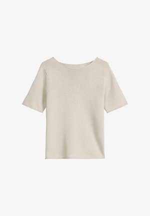 Light beige knit shirt with short sleeves and a round neckline, displayed flat on a white background.