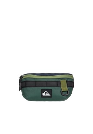 Kleine groene en marineblauwe ritstasje met zwarte horizontale band, groene lus met metalen ring en een wit berggolf logo aan de voorkant.