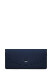Navy leather wallet with a smooth texture, flap closure, and silver logo accent on the front. Rectangular shape with stitched edges.