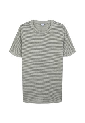 T-shirt grigio a maniche corte in maglia tessuta con scollatura rotonda, posato flat su sfondo bianco.