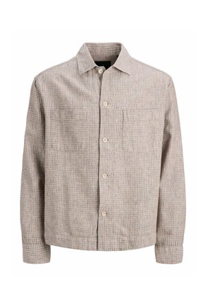 Ilgas rankovėmis smėlio spalvos marškiniai su mažo dydžio languotu raštu, dviem krūtinės kišenėmis ir klasikiniu apykakliu.