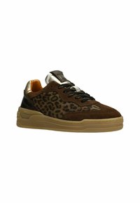 Leopard print sneaker featuring brown suede, metallic silver accents, black laces, and a tan rubber sole with textured details.