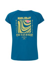 Tyrkis kortärmad t-shirt med en grafisk tryck i gult och rosa med vågiga linjer, text och ett retrosemestertema.