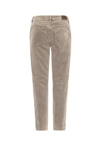 Jean beige à jambes droites vu de dos avec deux poches plaquées et une étiquette de marque en cuir marron sur la ceinture.