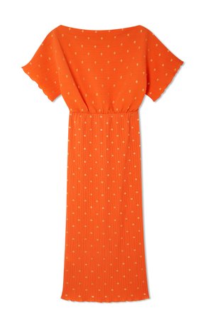 Orange dress with short sleeves, elastic waist, and subtle golden polka dot pattern. Stretched ribbed texture enhances flowy silhouette.