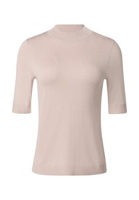 Kurze Ärmel, hellrosa Pullover mit geripptem Rundhalsausschnitt und Saum. Glatte Textur, taillierte Passform. Keine sichtbaren Muster oder Hardware-Akzente.