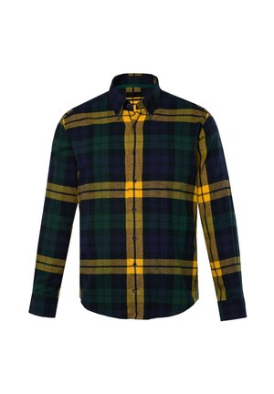 Herren Langarmhemd mit Karomuster in Grün, Navy und Gelb, mit Button-Down-Kragen, Knöpfen vorne und abgerundetem Saum. Aus Baumwolle.