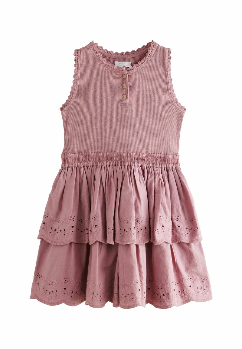 Helles rosa Kleid aus geripptem Stoff mit einem gerafften Taillenbereich, ärmellosem Design und einem gestuften Rock mit Lochstickereien am Saum.