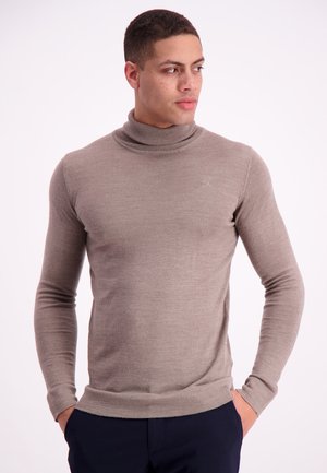 Light brown turtleneck sweater with long sleeves, ribbed neckline, and fitted design. Smooth texture and subtle sheen. Paired with dark pants.