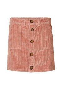 Kordfløjlsnederdel i blød lyserød, med knapfront, to sidelommer og teksturerede lodrette striber. Materialet har en blød finish.