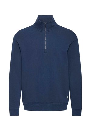 Marineblauer Pullover mit langen Ärmeln, gerippten Bündchen und Saum sowie einem Viertel-Reißverschluss am hohen Kragen vor weißem Hintergrund.