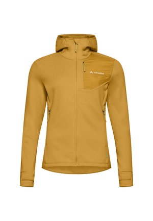 Gelbe Softshell-Jacke mit Kapuze, Reißverschluss vorne, einer Brusttasche und zwei Seitentaschen. Verfügt über elastische Bündchen und einen geraden Saum.