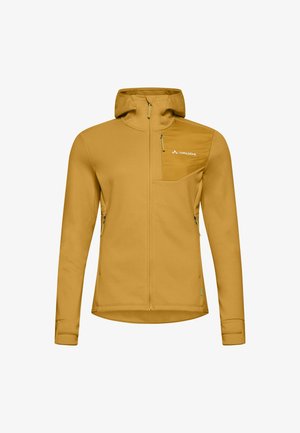 Giacca softshell gialla con cappuccio, chiusura frontale con zip, una tasca sul petto e due tasche laterali. Caratterizzata da polsini elasticizzati e un orlo dritto.