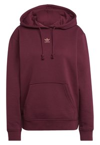 Maroon hoodie tillverkad av mjuk bomullsmix, med en känguruficka, dragsko och en liten gul logotyp på bröstet.