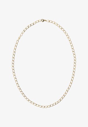Kultainen ketjukaulakoru, jossa on linkitettyjä soikeita muotoja, joissa on sileä pinta ja hummerilukko.