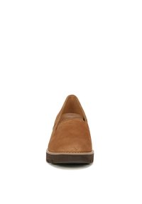 Brown suede slip-on shoe with a rounded toe, minimalistic design, and a low rubber sole. No visible patterns or hardware details.