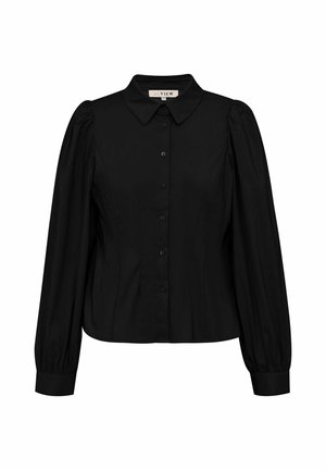 Blouse noire à manches longues avec épaules bouffantes, fermeture boutonnée devant, col pointu et taille cintrée.