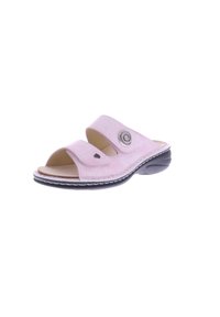 Pink open-toe sandal with adjustable straps, textured upper, and decorative spiral accent. Features a cushioned sole and black outsole.