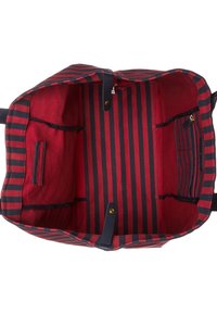 Interior de una bolsa de lona a rayas rojas y azul marino con herrajes dorados, dos bolsillos laterales y un compartimento con cremallera. Textura suave.