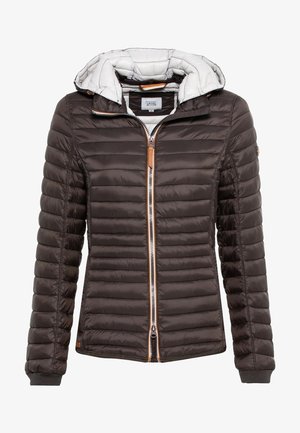 Brown puffer jacket with a silver lining, zippered front, and ribbed cuffs. Features a hood and quilted design for insulation.