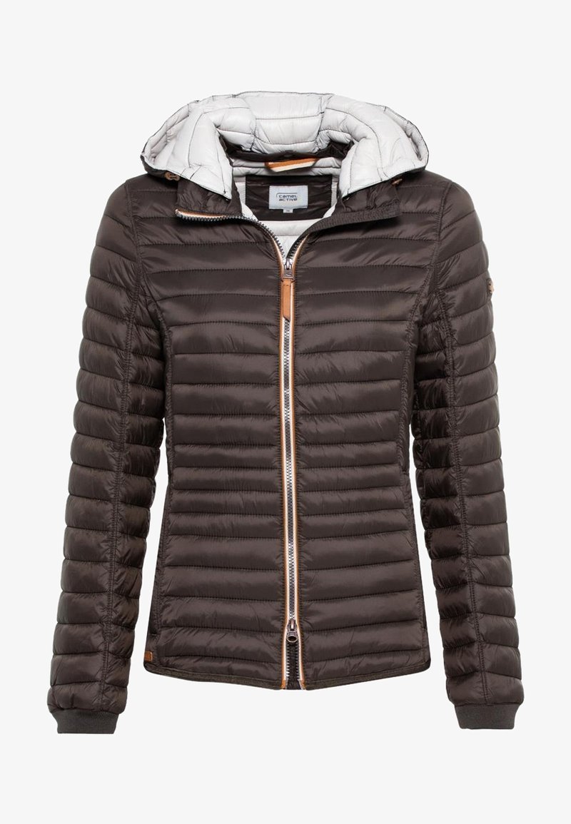 Braune Pufferjacke mit silbernem Innenfutter, Reißverschluss vorne und gerippten Bündchen. Verfügt über eine Kapuze und ein gestepptes Design zur Isolierung.