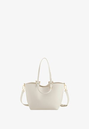 Sac à main en cuir couleur crème avec double poignées supérieures, bandoulière amovible et ferrures dorées.