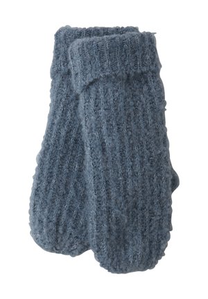 Jasnoniebieskie wełniane rękawiczki o prążkowanej strukturze, z podwiniętym mankietem i puszystymi włóknami zapewniającymi ciepło.