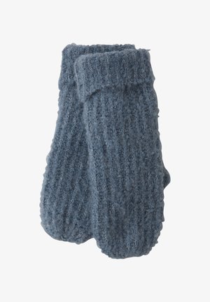 Ljust blå stickade vantar med ribbad textur, försedd med en vikbar mudd och fluffiga trådar för värme.