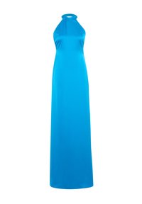 Langes, Neckholder-Kleid aus leuchtend blauer Satin, mit einem taillierten Oberteil und fließendem Rock, sowie einem kreisförmigen Ausschnitt am Hals.